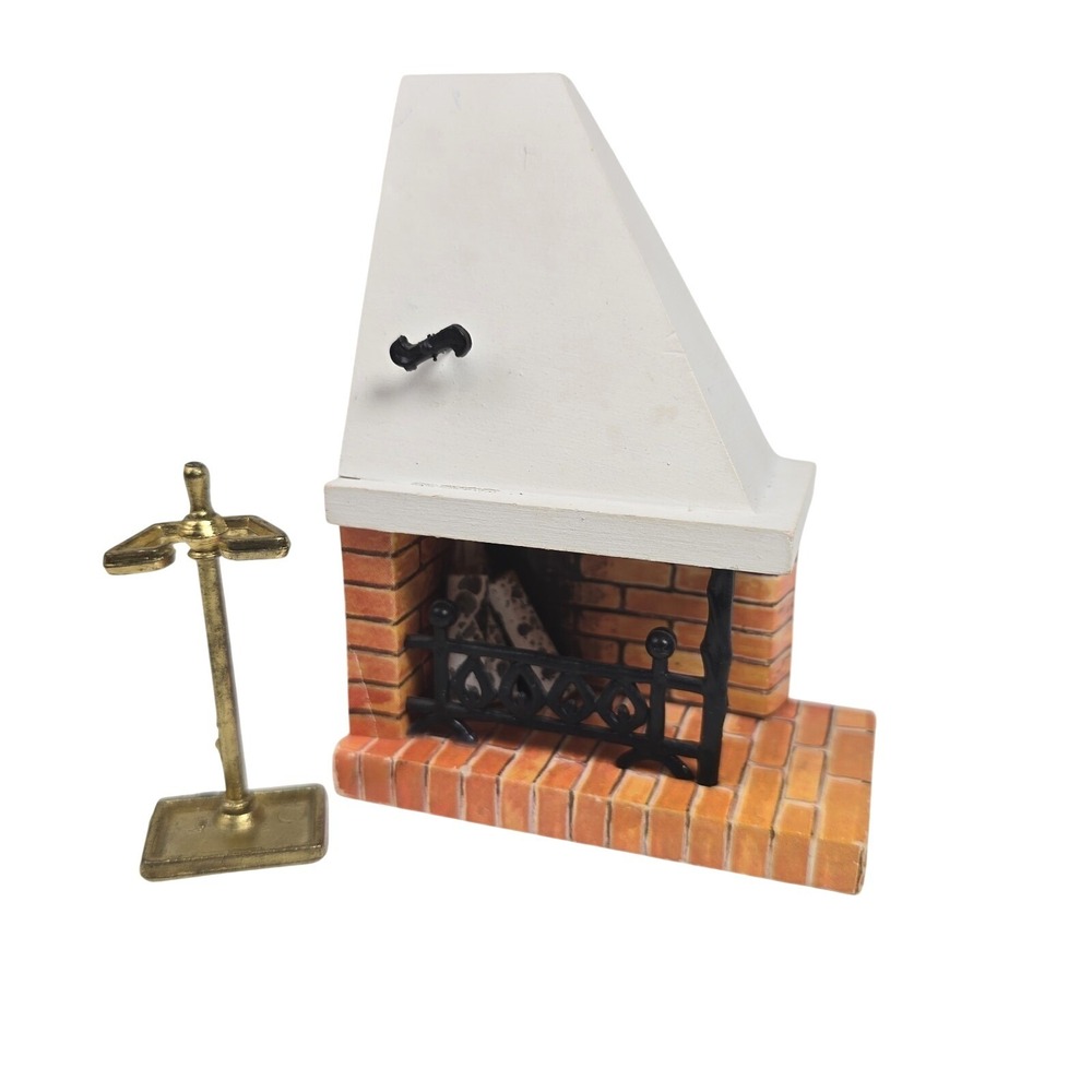 Vintage Lundby Dollhouse Corner Fireplace with Accessory 70s Sweden Miniature
